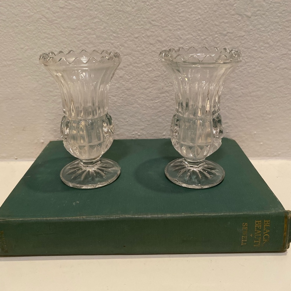 Vintage Lead Crystal Cut Glass 4” Bud Flower Vase Set of 2